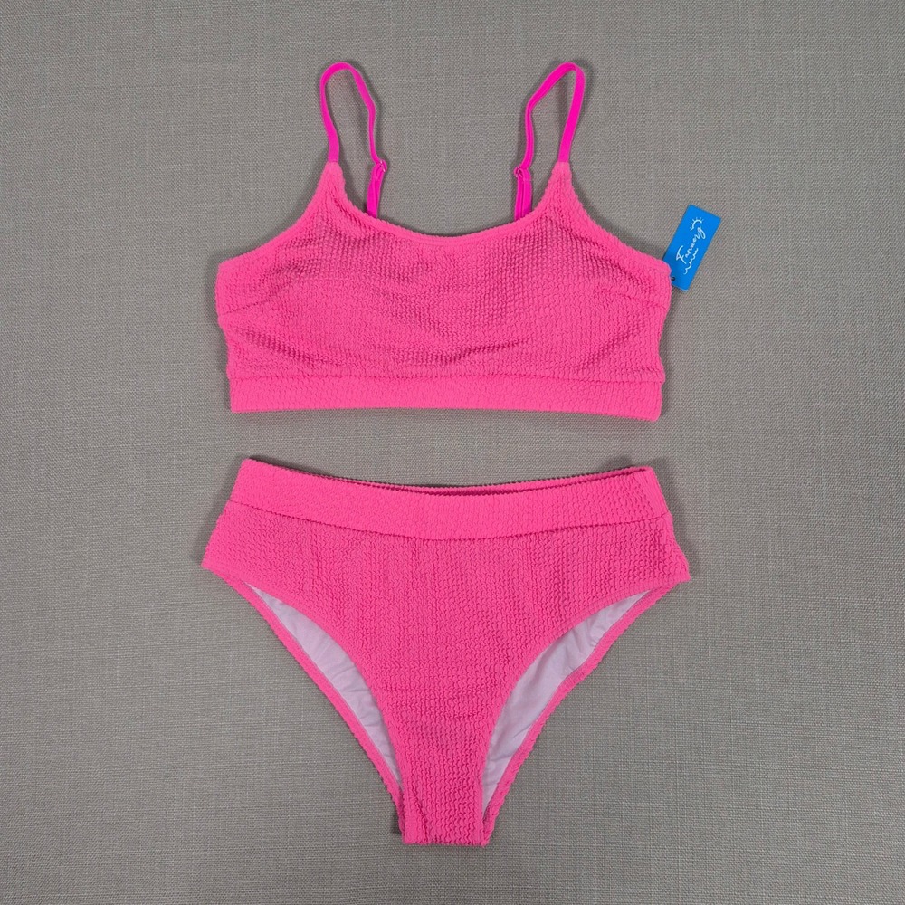 Fanuerg Womens Ribbed High Waisted Bikini Set Scoop Neck Pink‎ Two Piece Large